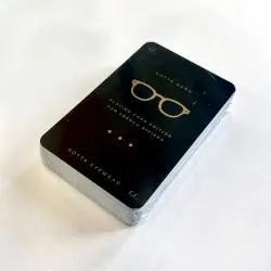 Jeu de cartes Gotta Gang, dos de l'étui noir et or avec icône lunettes